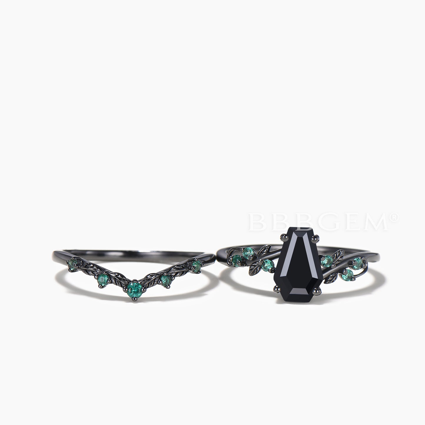 Coffin Cut Black Onyx Engagement Ring Emerald Leaf Band Nature Inspired Ring Set