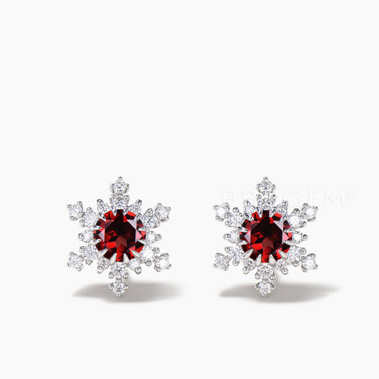 Round Cut Natural Garnet Snowflake Stud Earrings Diamond Halo Earrings