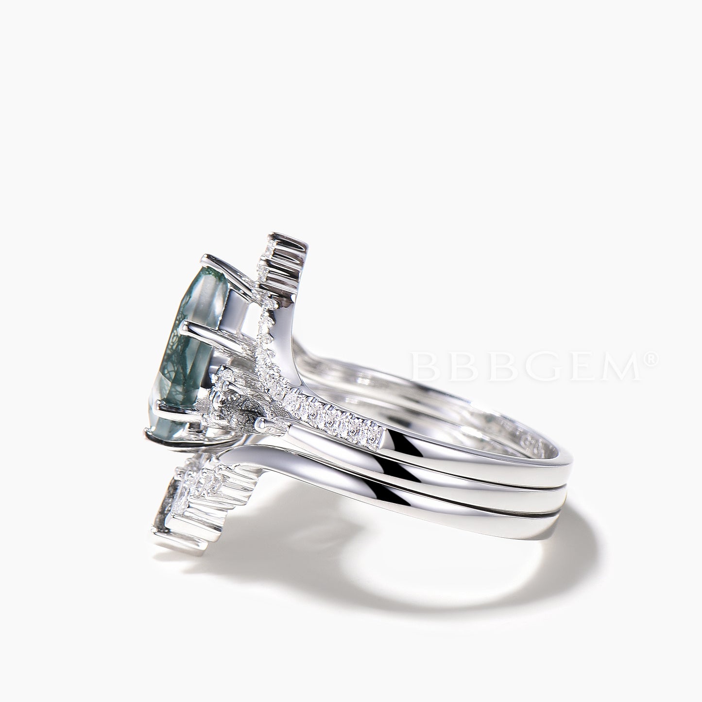 3PC Agate Bridal Set Kite Cut Natural Moss Agate Wedding Ring Diamond Curved Band