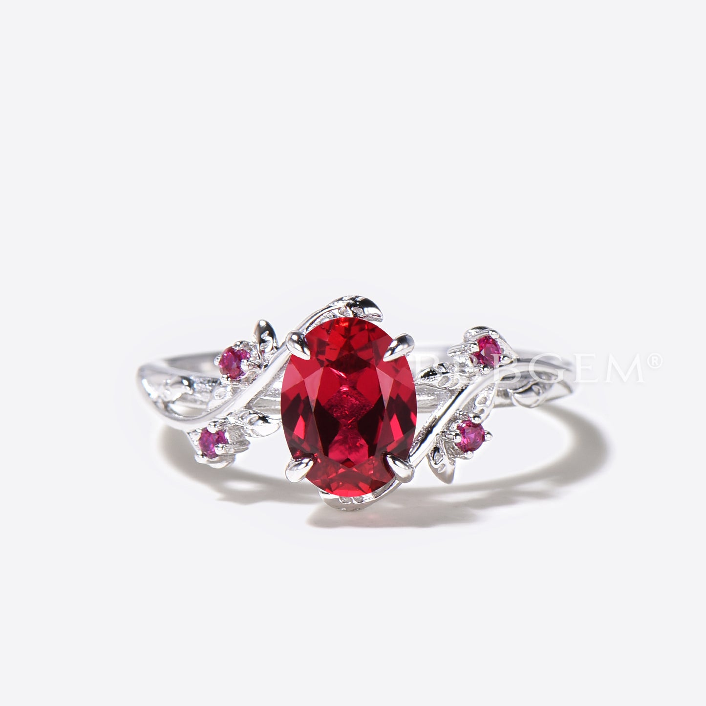 Oval Red Ruby Engagement Ring Nature Inspired Leaf Wedding Ring Set