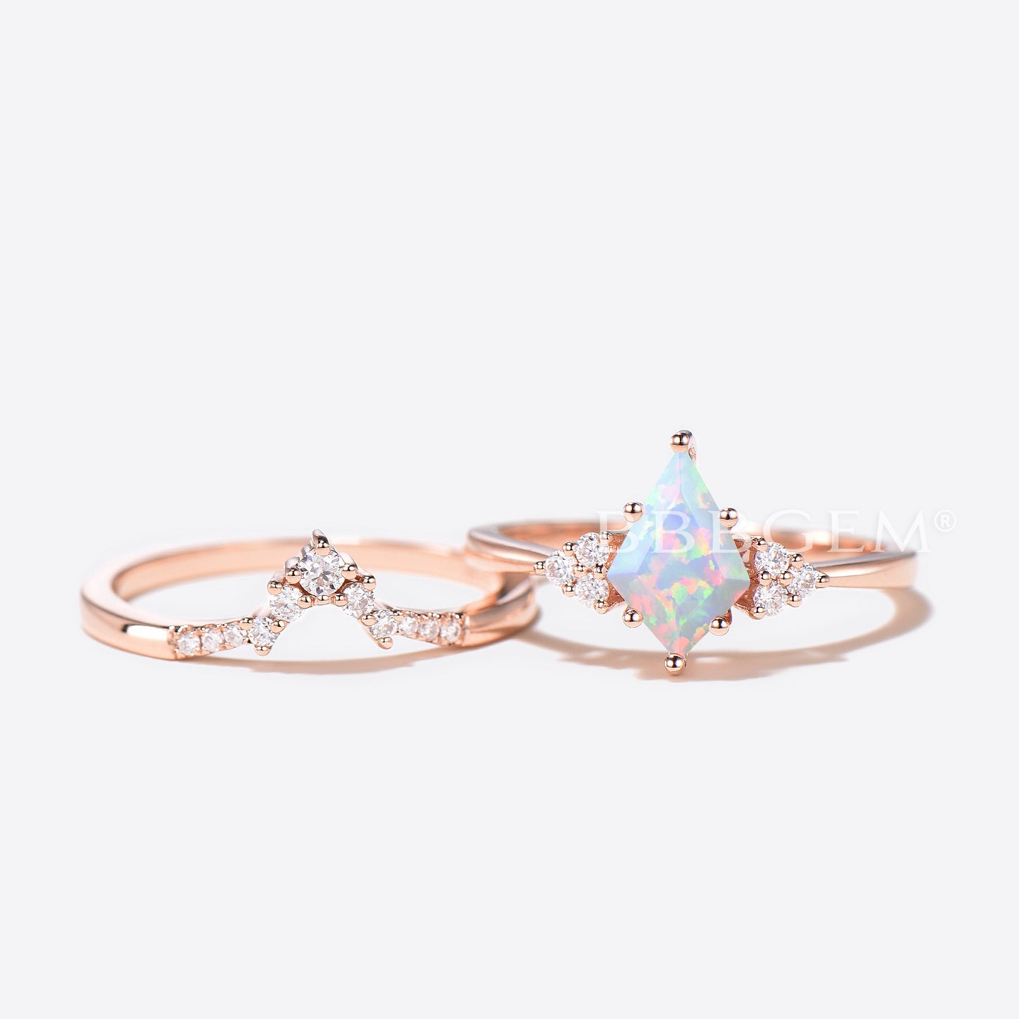 Kite Cut White Opal Engagement Ring Diamond Cluster Bridal Ring Set