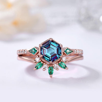 Hexagon Cut Alexandrite Bridal Set With Emerald Diamond Band- BBBGEM Alexandrirte Ring Set