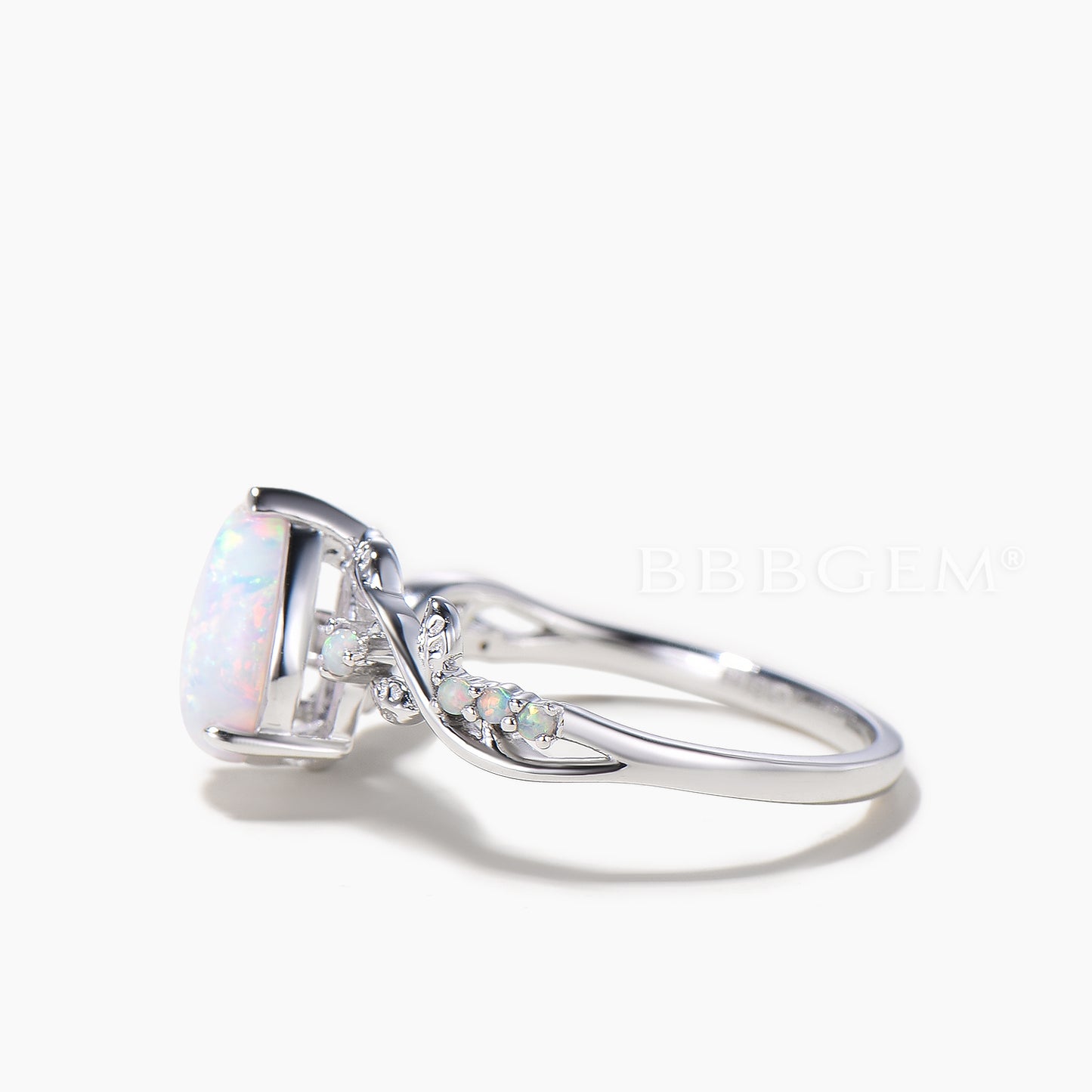 Teardrop Cut White Opal Twisted Engagement Ring Opal Leaf Nature Inspired Ring