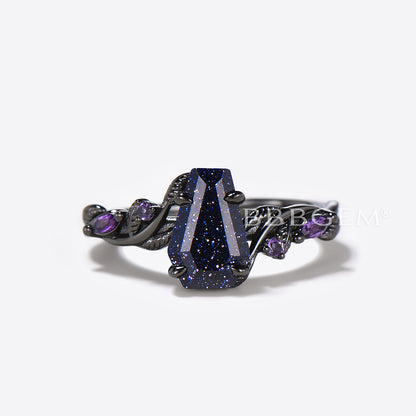 Black Gold Coffin Blue Sandstone Ring Leaf Amethyst Engagement Ring