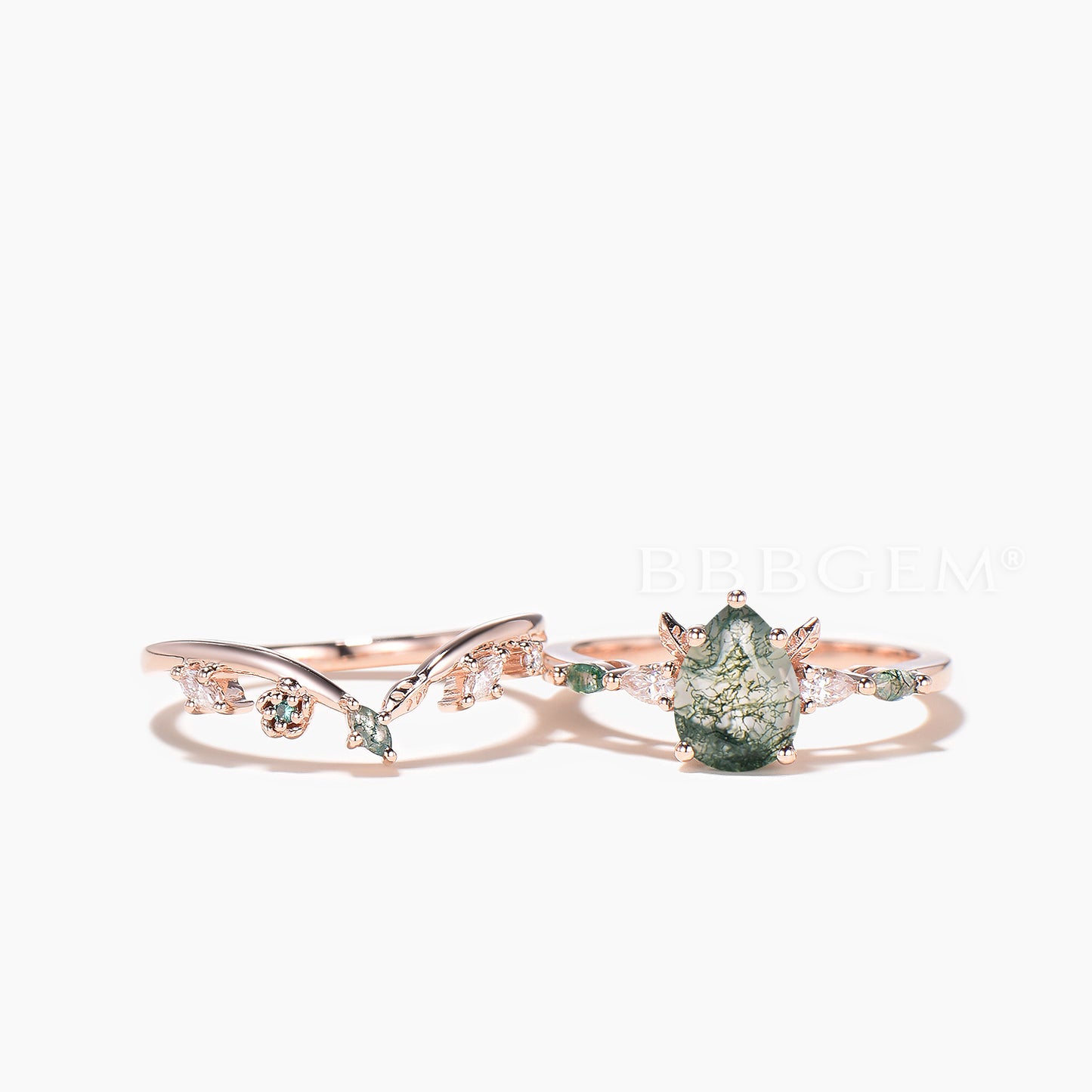 Pear Cut Moss Agate Leaf Wedding Ring Moissanite Nature Inspired Bridal Set