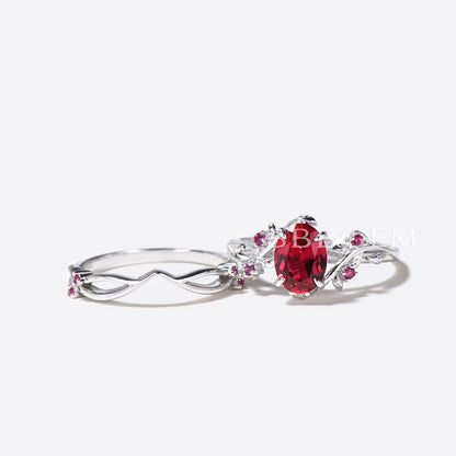 Oval Red Ruby Engagement Ring Nature Inspired Leaf Wedding Ring Set