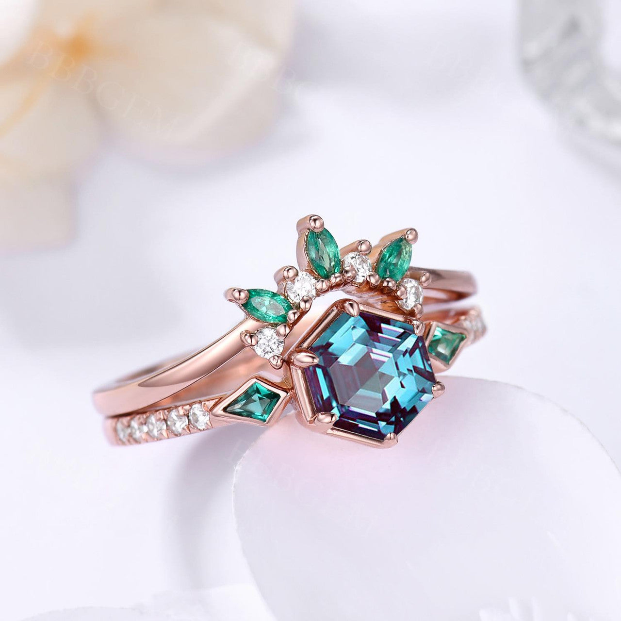 Hexagon Cut Alexandrite Bridal Set With Emerald Diamond Band- BBBGEM Alexandrirte Ring Set