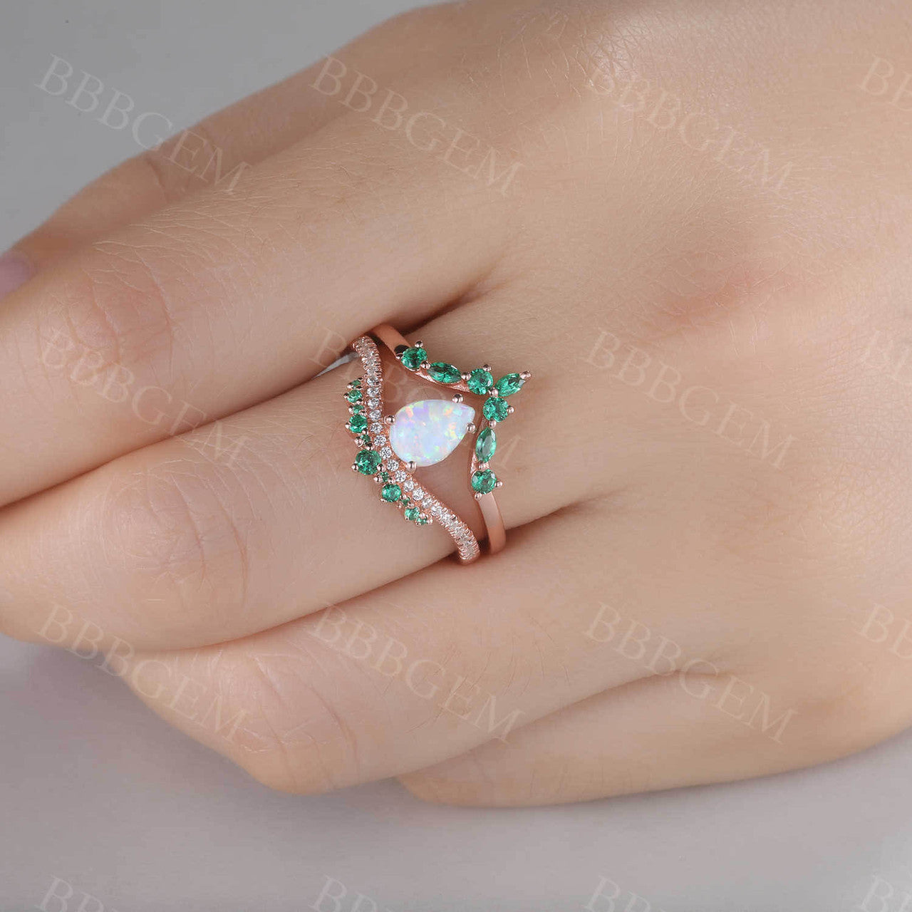 Opal Emerald Engagement Ring Set 14K Rose Gold