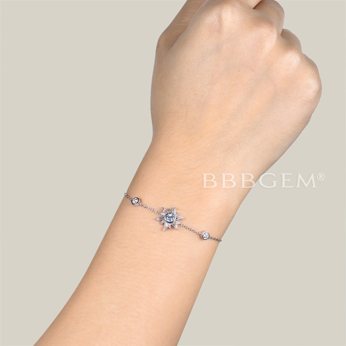 Round Cut Natural Aquamarine Sun Bezel Bracelet Moissanite Wedding Bracelet