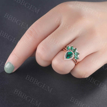 Halo Emerald Engagement Ring Set Marquise Cut Cluster Ring Rose Gold Bridal Set