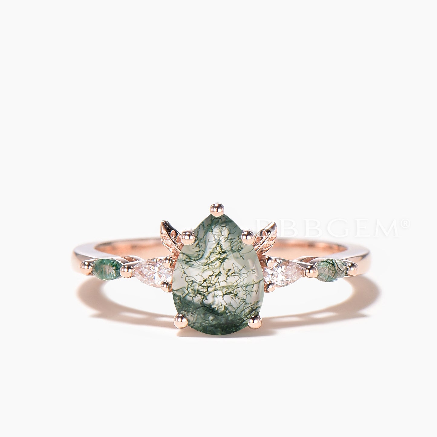 Pear Cut Moss Agate Leaf Wedding Ring Moissanite Nature Inspired Bridal Set