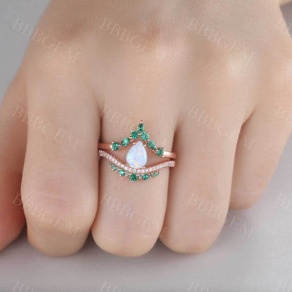 Opal Emerald Engagement Ring Set 14K Rose Gold