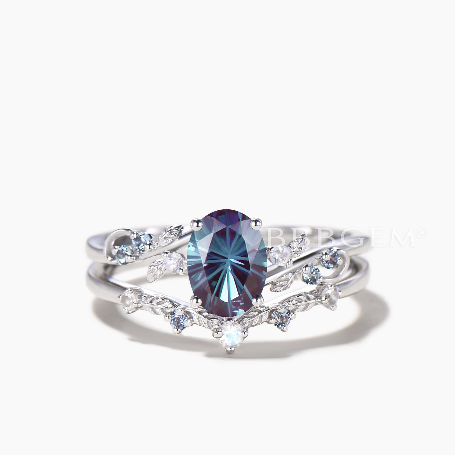 Oval Cut Color-change Alexandrite Wedding Ring Moonstone Leaf Inspired Ring Set
