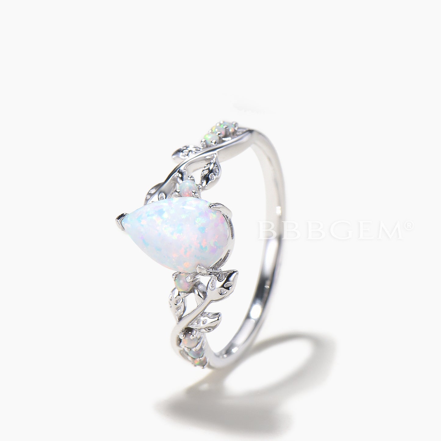 Teardrop Cut White Opal Twisted Engagement Ring Opal Leaf Nature Inspired Ring