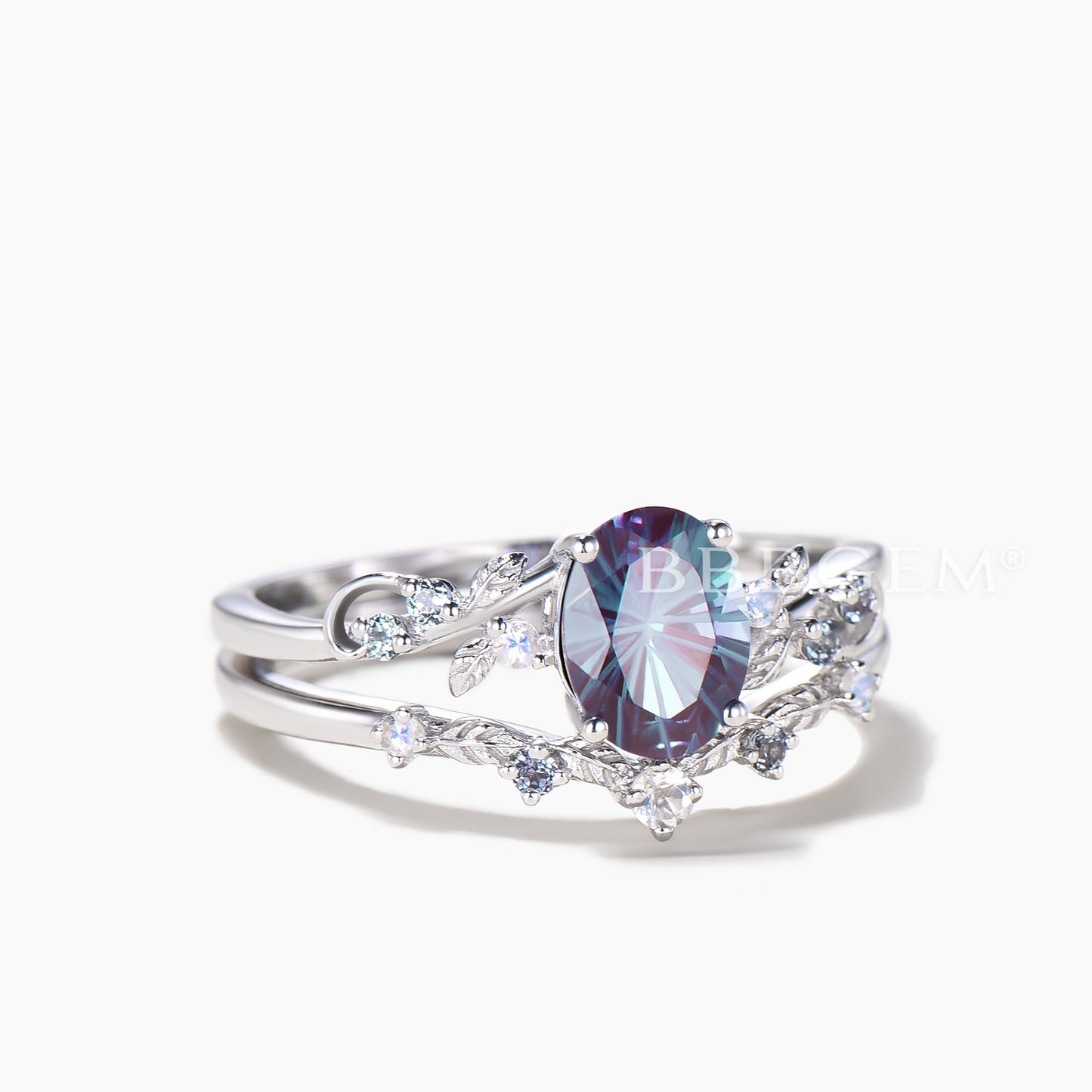 Oval Cut Color-change Alexandrite Wedding Ring Moonstone Leaf Inspired Ring Set