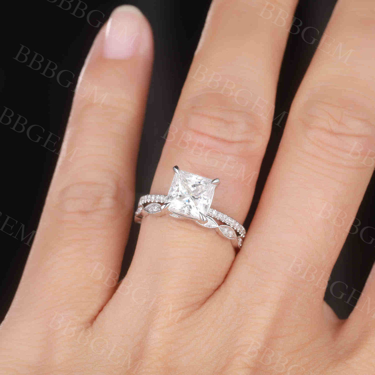 2 Carat Princess Cut Moissanite Engagement Ring Set Rose Gold Accent Diamond