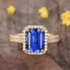 Vintage 8X10mm Diamond Halo Emerald Cut Sapphire Ring Yellow Gold Diamond Wedding Band 4 Carat