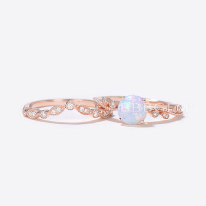 Floral Opal Solitaire Diamond Engagement Ring Bridal  Set Rose Gold Antique