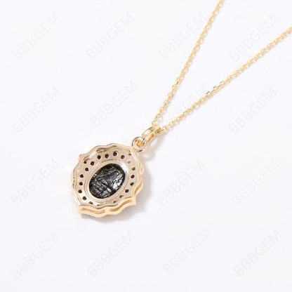 Vintage Black Rutilated Quartz Halo Necklace 14K Solid Gold Natural Black Gemstone Pendant Layer Black Spinel Necklace Antique Milgrain Necklace