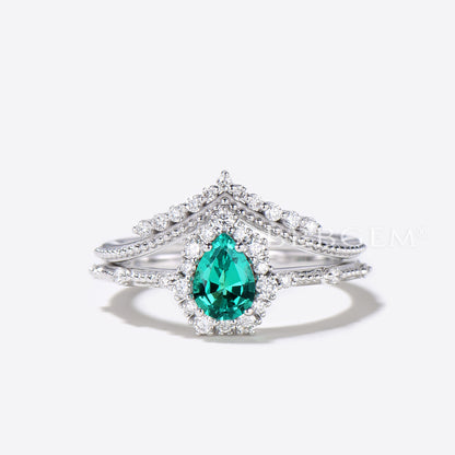 Pear Emerald Ring Set Green Emerald Gemstone Anniversary Ring Diamond Chervon Band