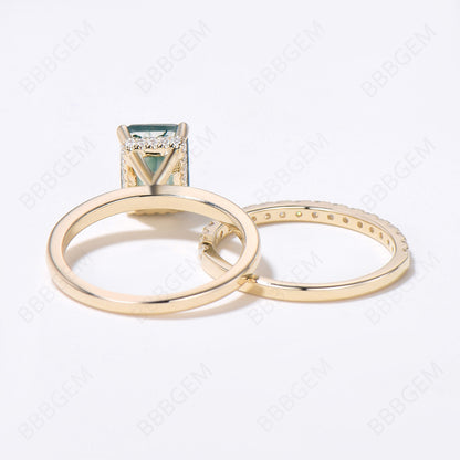 Hidden Halo Emerald Cut Moss Agate Engagement Ring Set