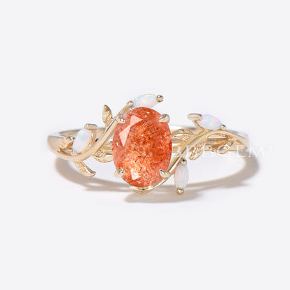 1.5ct Oval Sunstone Engagement Ring Gold Leaf Vine Opal Wedding Ring