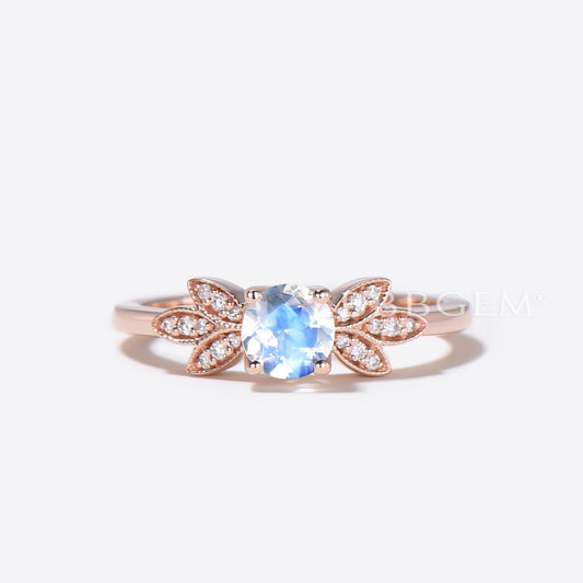 Mini 5mm Round Moonstone Ring with Butterfly Wing Accents Nature Wildlife Engagement Rings