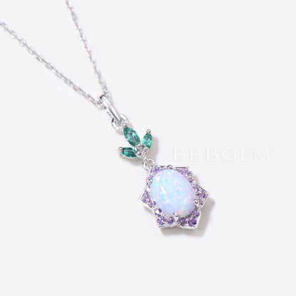 Oval White Opal Wedding Necklace Cluster Amethyst Halo Pendant