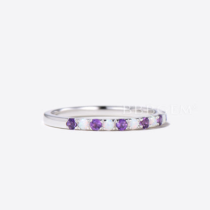 Opal Amethyst Wedding Band 14k 18k White Gold Half Eternity Bridal Women Stacking Ring Promise Anniversary Gift Matching