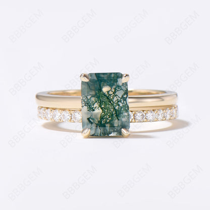 Hidden Halo Emerald Cut Moss Agate Engagement Ring Set