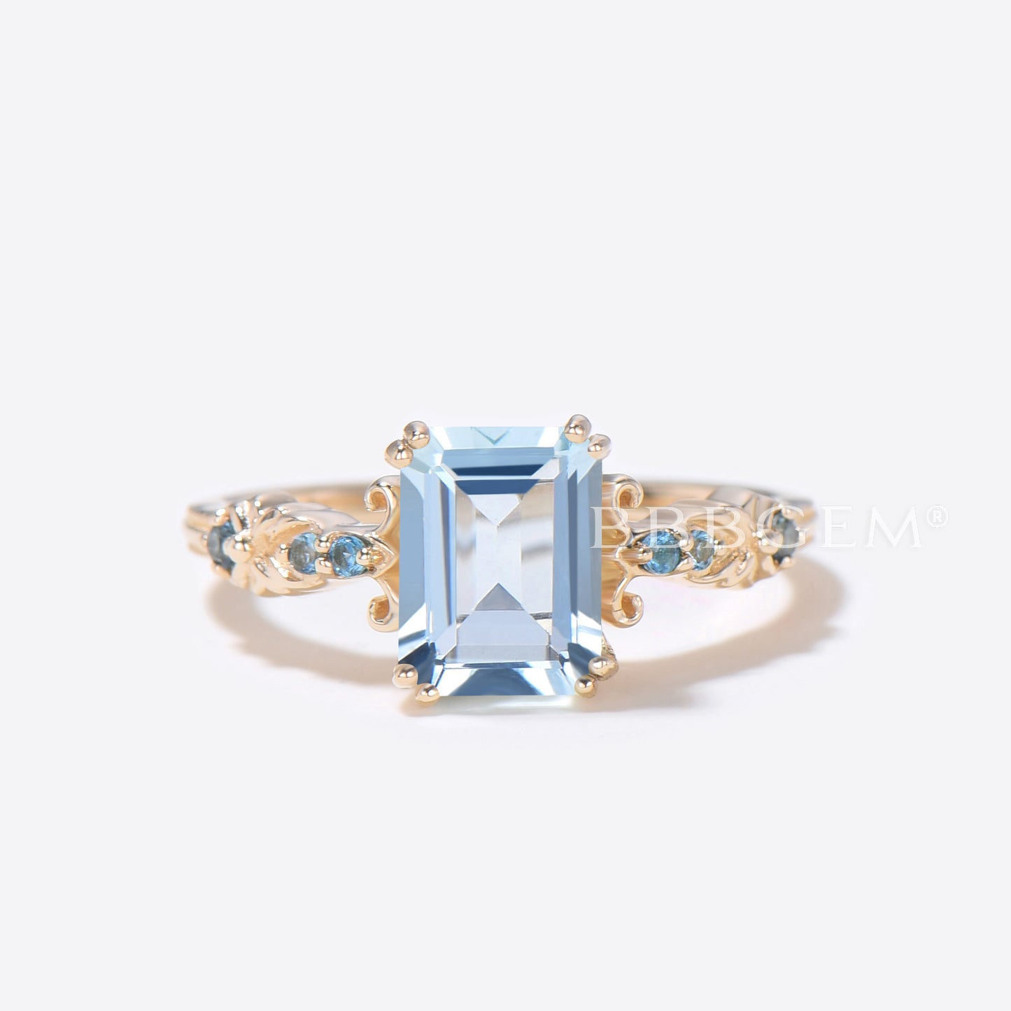 Emerald Cut Aquamarine Engagement Ring 7 Stone Blue Topaz Ring