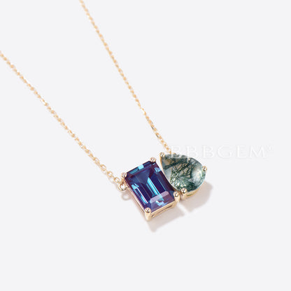 Emerald Cut Alexandrite Necklace Toi Et Moi Moss Agate Necklace