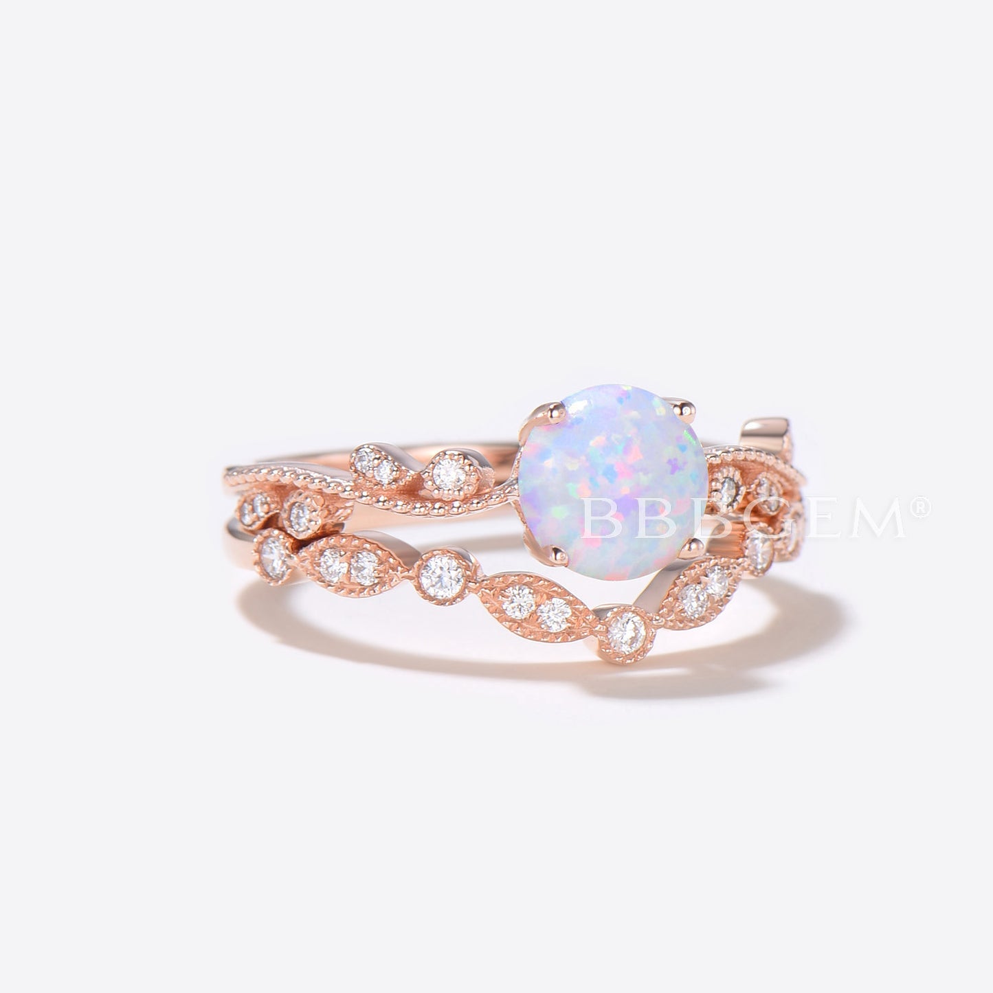 Floral Opal Solitaire Diamond Engagement Ring Bridal  Set Rose Gold Antique