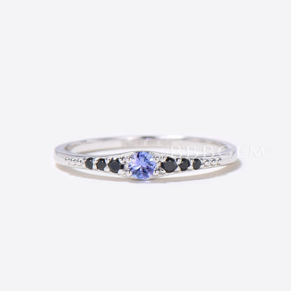 Reversed Tapered Ring With Natural Tanzanite & Black Spinel Diamond Delicate Casual Silver Ring