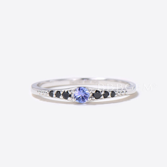 Reversed Tapered Ring With Natural Tanzanite & Black Spinel Diamond Delicate Casual Silver Ring