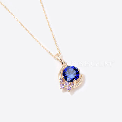 Moon Design 5mm Round Blue Sapphire Pendant Cluster Amethyst Necklace