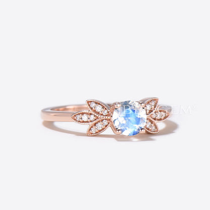 Mini 5mm Round Moonstone Ring with Butterfly Wing Accents Nature Wildlife Engagement Rings