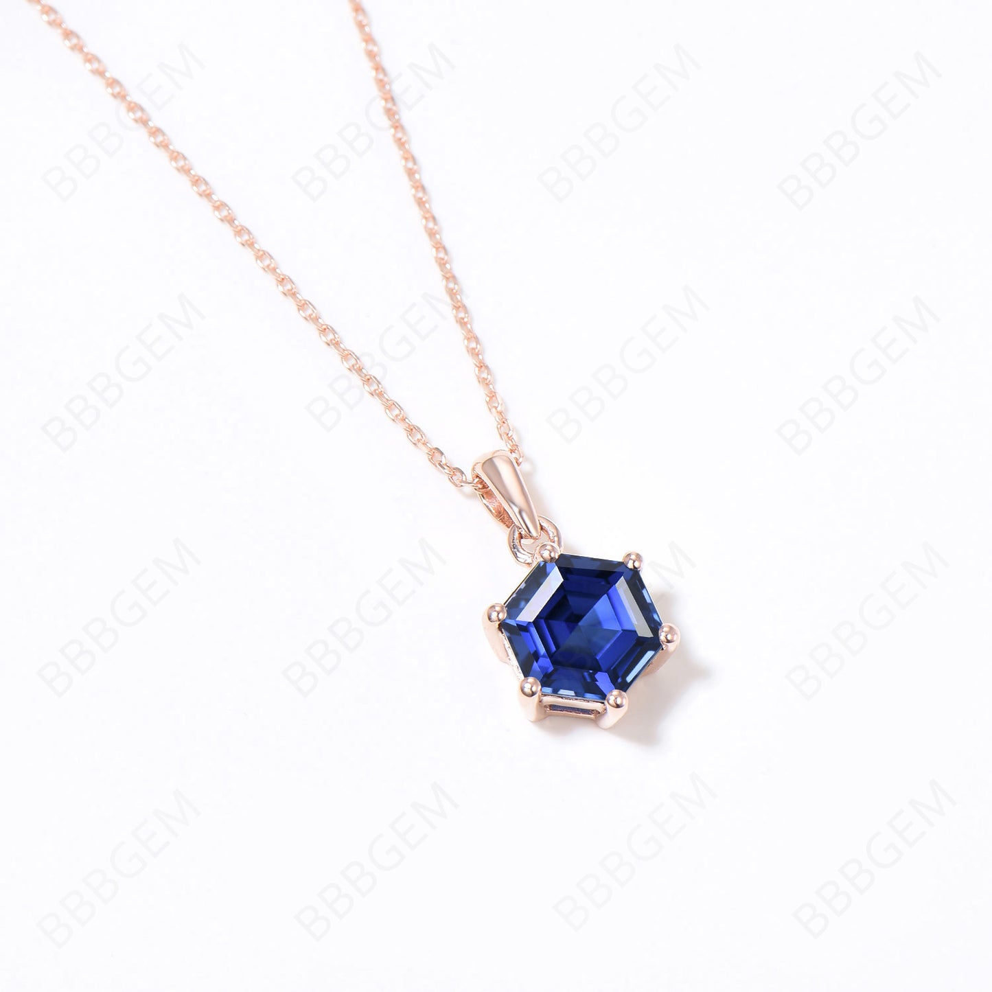 Silver Hexagon Cut Blue Sapphire Necklace 14k/18k Rose Gold Necklace Vintage Sapphire Solitaire Wedding Pendant September Birthstone Necklace