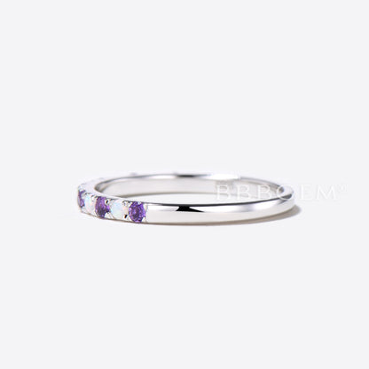 Opal Amethyst Wedding Band 14k 18k White Gold Half Eternity Bridal Women Stacking Ring Promise Anniversary Gift Matching