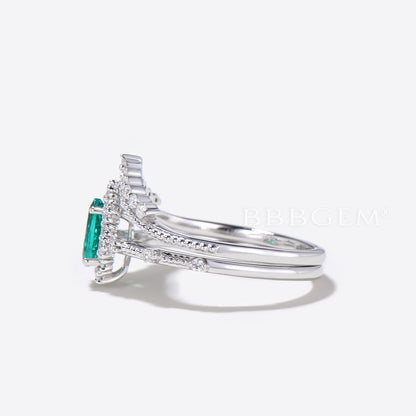 Pear Emerald Ring Set Green Emerald Gemstone Anniversary Ring Diamond Chervon Band