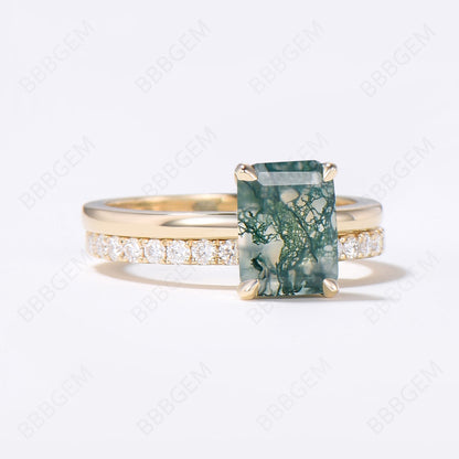 Hidden Halo Emerald Cut Moss Agate Engagement Ring Set