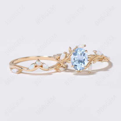 Twig Vine Aquamarine Opal Engagement Ring Leaves Ring