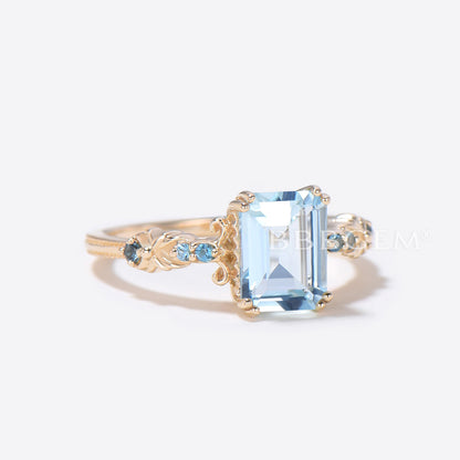 Emerald Cut Aquamarine Engagement Ring 7 Stone Blue Topaz Ring