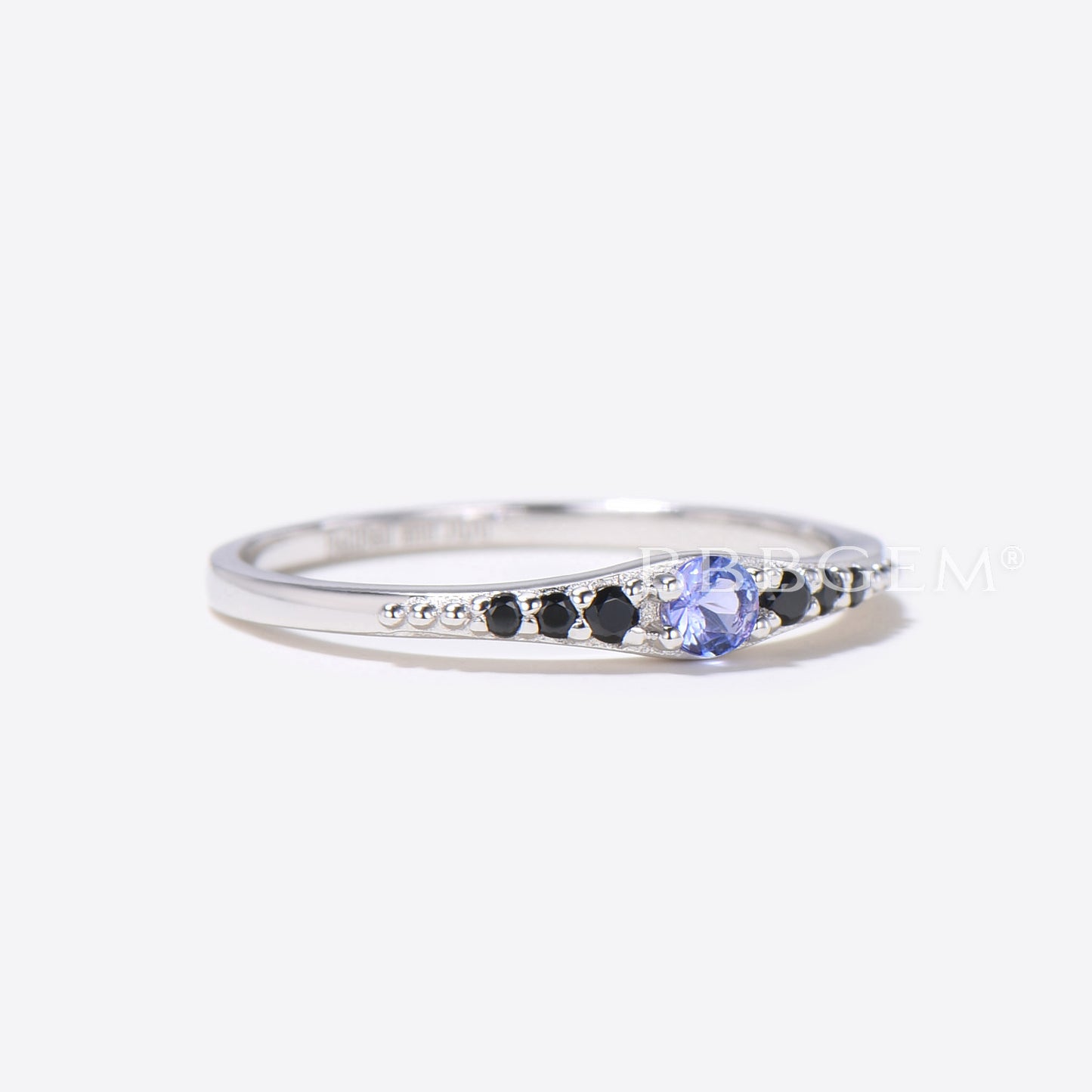 Reversed Tapered Ring With Natural Tanzanite & Black Spinel Diamond Delicate Casual Silver Ring