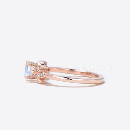 Mini 5mm Round Moonstone Ring with Butterfly Wing Accents Nature Wildlife Engagement Rings