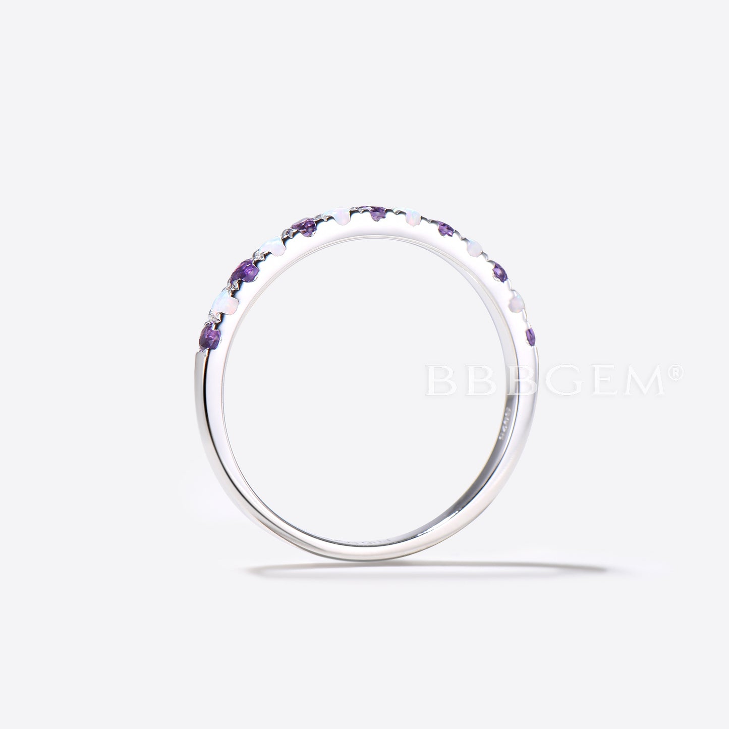 Opal Amethyst Wedding Band 14k 18k White Gold Half Eternity Bridal Women Stacking Ring Promise Anniversary Gift Matching