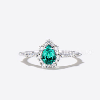 Pear Emerald Ring Set Green Emerald Gemstone Anniversary Ring Diamond Chervon Band