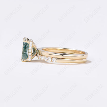 Hidden Halo Emerald Cut Moss Agate Engagement Ring Set