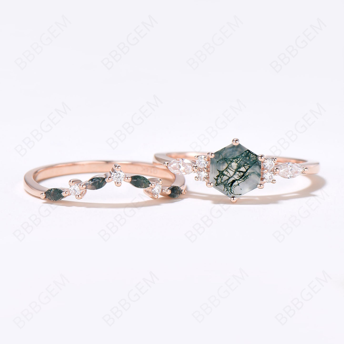 Hexagon Cut Moss Agate Ring 7 Stone Cluster Moissanite Ring