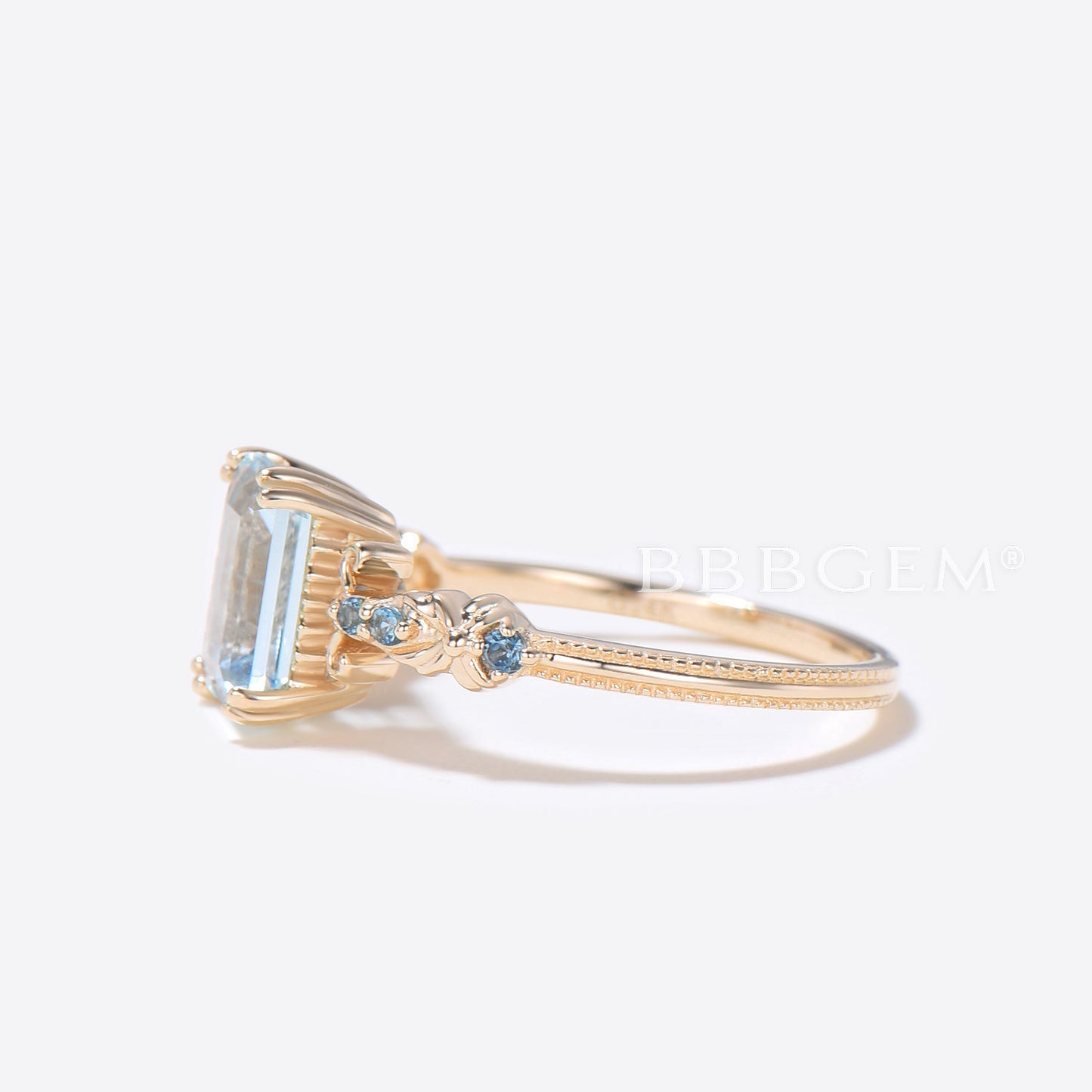 Emerald Cut Aquamarine Engagement Ring 7 Stone Blue Topaz Ring